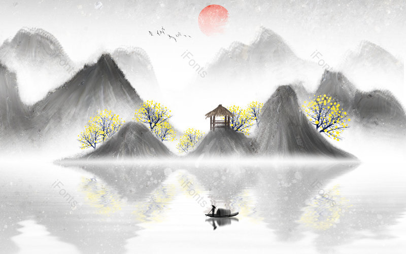 中国风手绘风景山水倒映插画背景设计,插画/手绘图,插画/手绘图库,插画/手绘图下载,插画/手绘